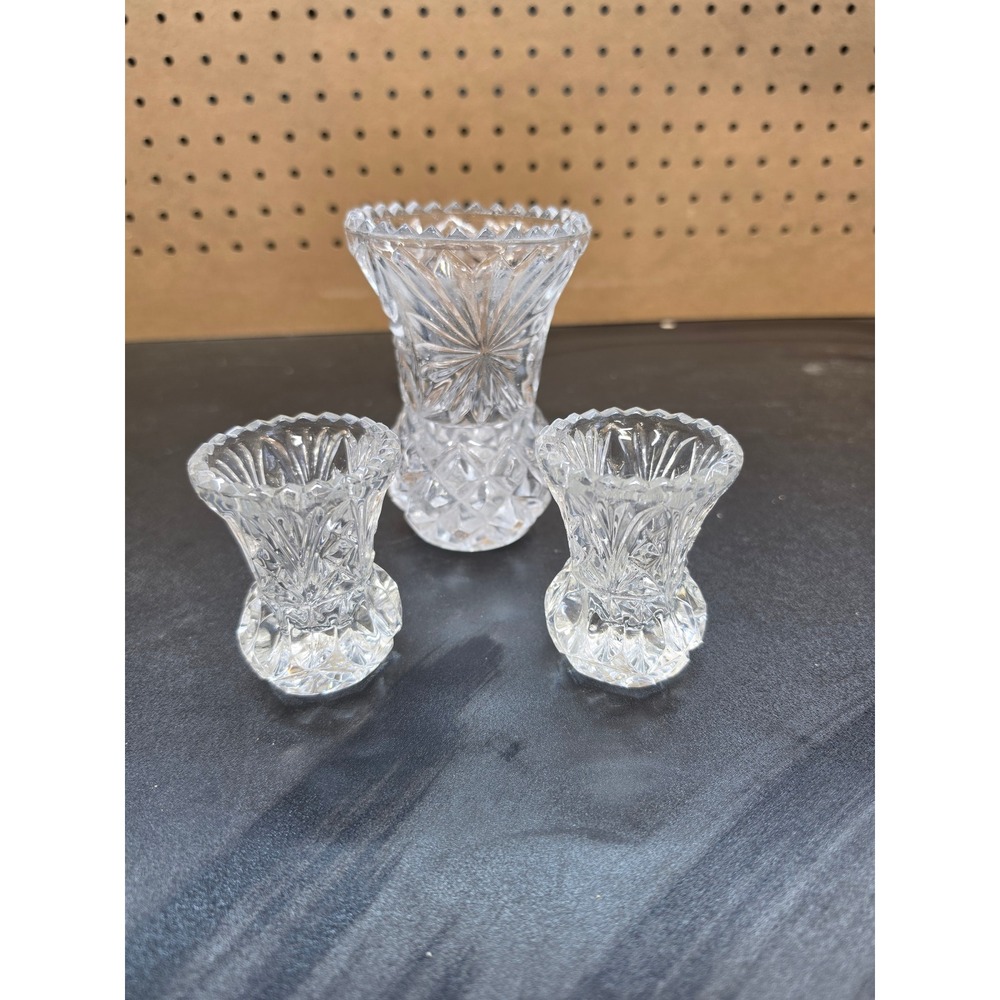 Vintage Set of 3 Pressed Glass Bud Vases Starburst Diamond Cut Scalloped Rim